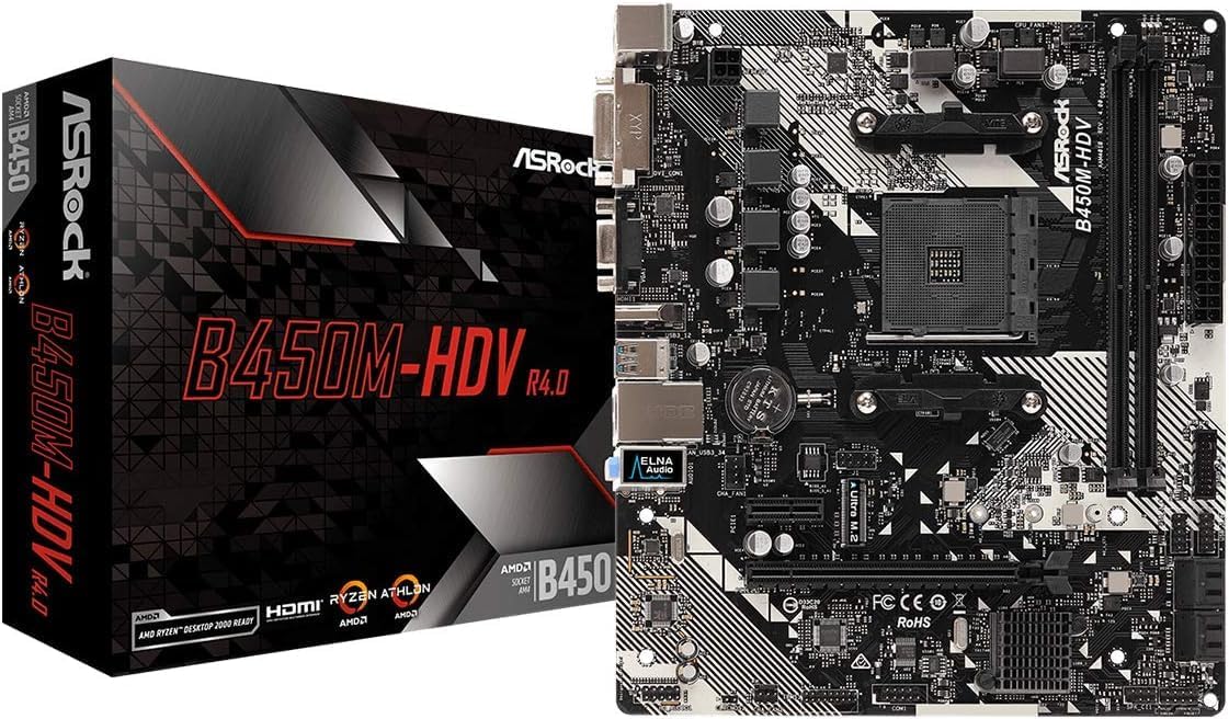 ASROCK B450M-HDV R4.0 AMD B450 AM4 Socket Ryzen 2000 - 5000 Processors DDR4 3200 64GB HDMI DVI-D D-Sub Motherboard SATA 6Gb/s Micro ATX M.2