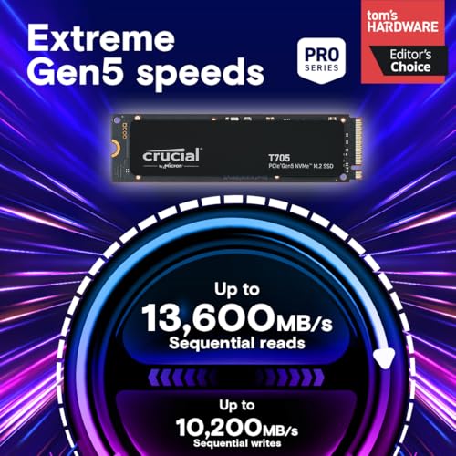 Crucial T710 1TB Gen5 NVMe SSD, Up to 14,900 MB/s, PCIe 5.0 M.2 2280, Internal Solid State Drive, Compatible with Laptop, Desktop, +Acronis Software - CT1000T710SSD8-01