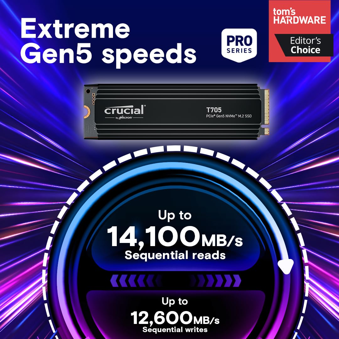 Crucial T710 1TB Gen5 NVMe SSD, Up to 14,900 MB/s, PCIe 5.0 M.2 2280, Internal Solid State Drive, Compatible with Laptop, Desktop, +Acronis Software - CT1000T710SSD8-01