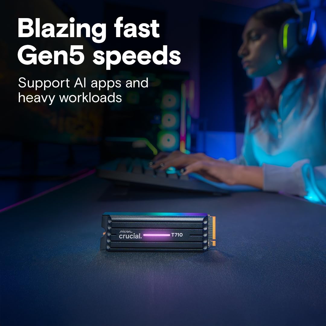 Crucial T710 1TB Gen5 NVMe SSD, Up to 14,900 MB/s, PCIe 5.0 M.2 2280, Internal Solid State Drive, Compatible with Laptop, Desktop, +Acronis Software - CT1000T710SSD8-01