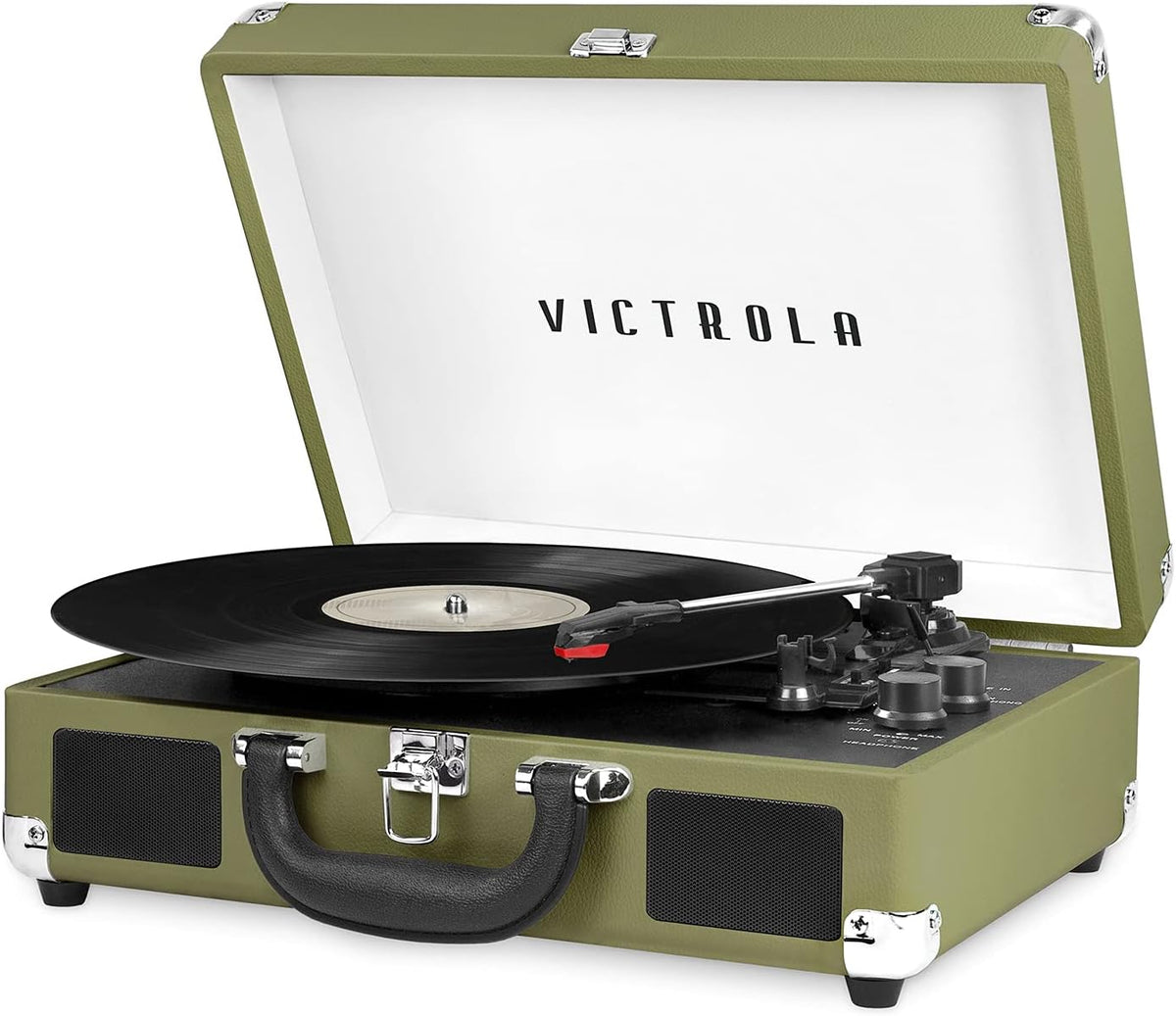 Victrola Journey Bluetooth Portable Suitcase Record Player – with Built-in Speakers, 3 Speed Vinyl Record Player, RCA Out, Headphone Jack (Green Olive)