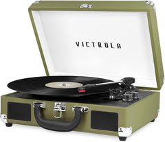 Victrola Journey Bluetooth Portable Suitcase Record Player – with Built-in Speakers, 3 Speed Vinyl Record Player, RCA Out, Headphone Jack (Green Olive)
