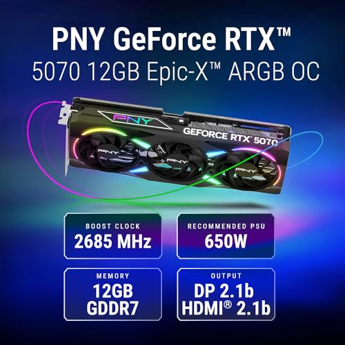 PNY NVIDIA GeForce RTX™ 5070 Epic-X™ ARGB OC Triple Fan, Graphics Card,Blackwell Architecture, DLSS 4