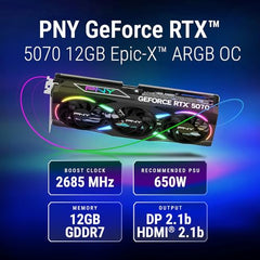 PNY NVIDIA GeForce RTX™ 5070 Epic-X™ ARGB OC Triple Fan, Graphics Card,Blackwell Architecture, DLSS 4