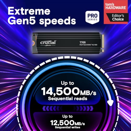 Crucial T710 1TB Gen5 NVMe SSD, Up to 14,900 MB/s, PCIe 5.0 M.2 2280, Internal Solid State Drive, Compatible with Laptop, Desktop, +Acronis Software - CT1000T710SSD8-01