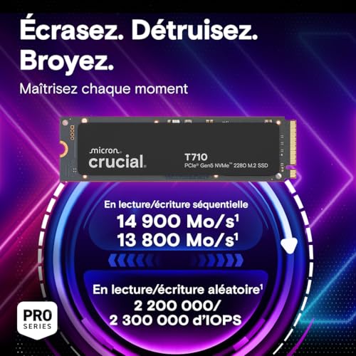 Crucial T710 1TB Gen5 NVMe SSD, Up to 14,900 MB/s, PCIe 5.0 M.2 2280, Internal Solid State Drive, Compatible with Laptop, Desktop, +Acronis Software - CT1000T710SSD8-01